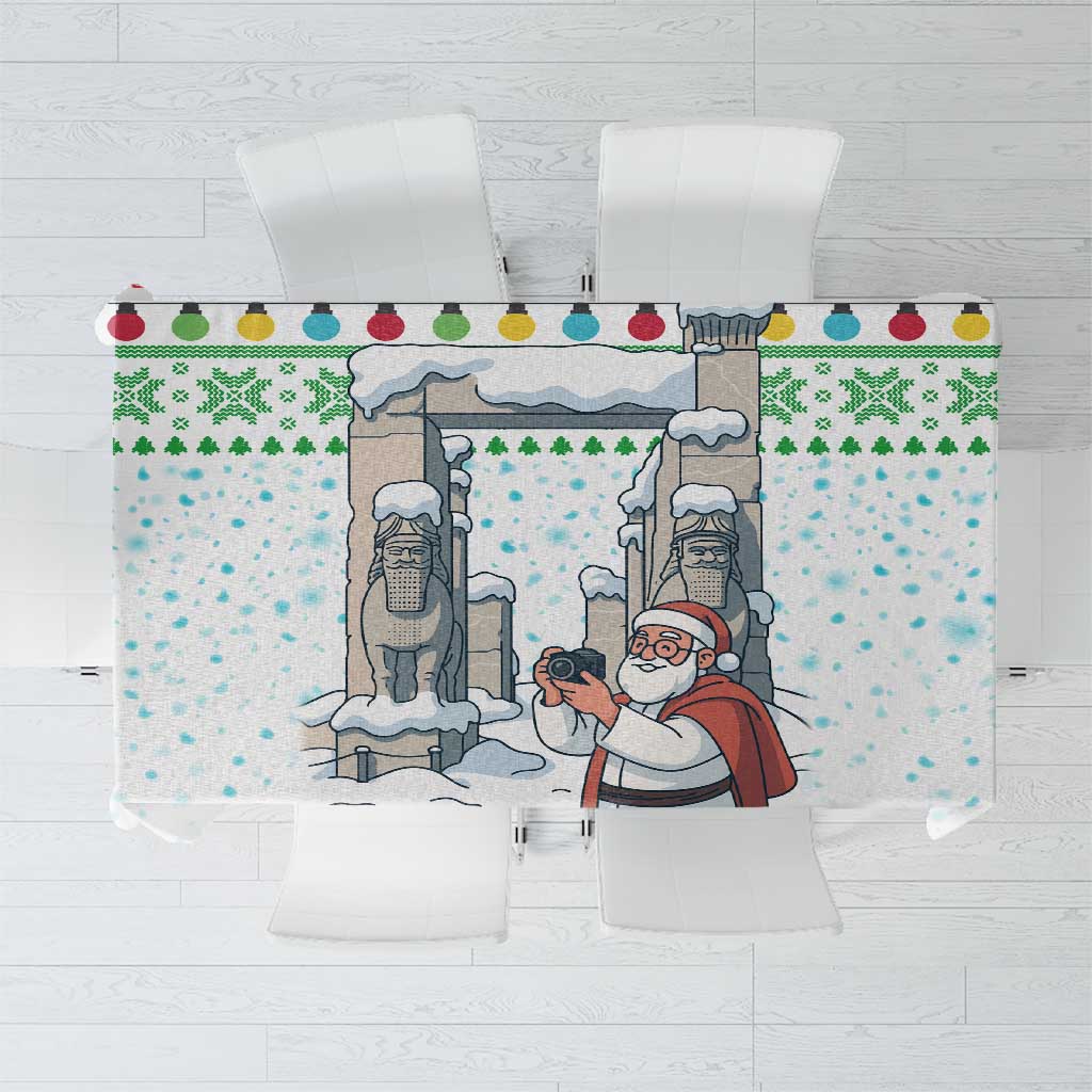Iran Christmas Tablecloth with Santa Taking Photos Ancient Columns and Snowflake Gift Pattern - Wonder Print Shop