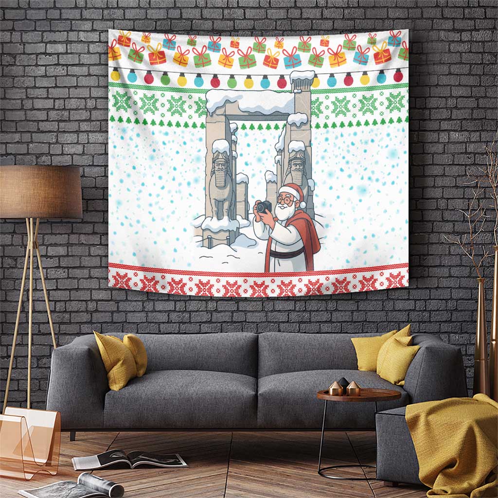 Iran Christmas Tapestry with Santa Taking Photos Ancient Columns and Snowflake Gift Pattern - Wonder Print Shop