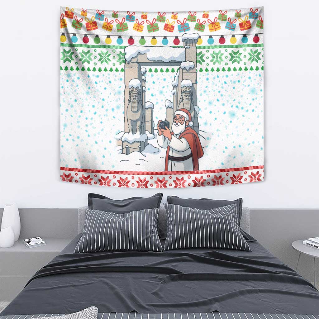 Iran Christmas Tapestry with Santa Taking Photos Ancient Columns and Snowflake Gift Pattern - Wonder Print Shop
