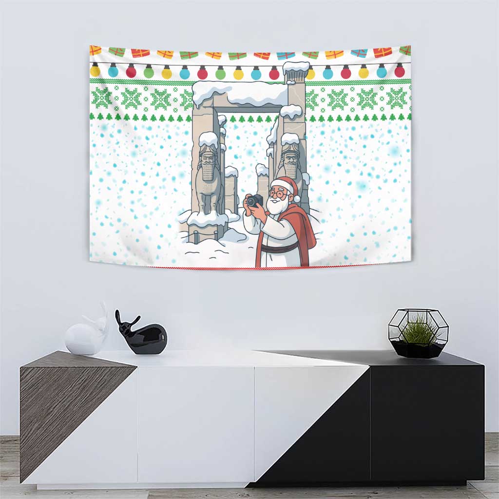 Iran Christmas Tapestry with Santa Taking Photos Ancient Columns and Snowflake Gift Pattern - Wonder Print Shop