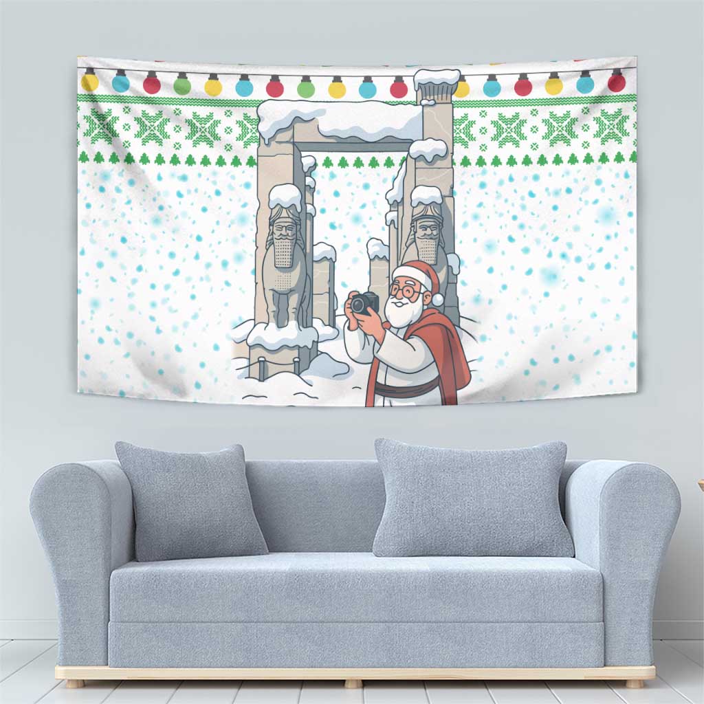 Iran Christmas Tapestry with Santa Taking Photos Ancient Columns and Snowflake Gift Pattern - Wonder Print Shop