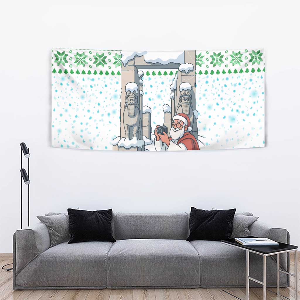 Iran Christmas Tapestry with Santa Taking Photos Ancient Columns and Snowflake Gift Pattern - Wonder Print Shop