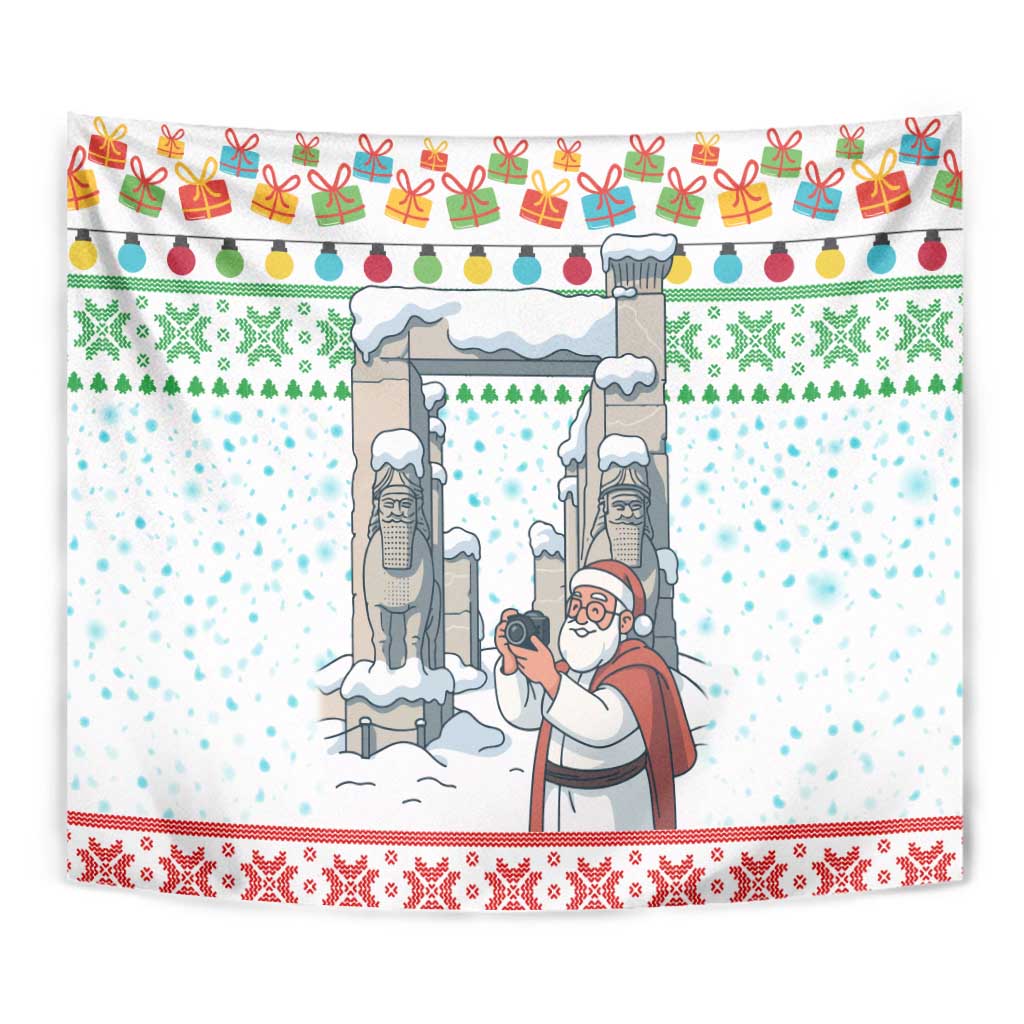 Iran Christmas Tapestry with Santa Taking Photos Ancient Columns and Snowflake Gift Pattern - Wonder Print Shop