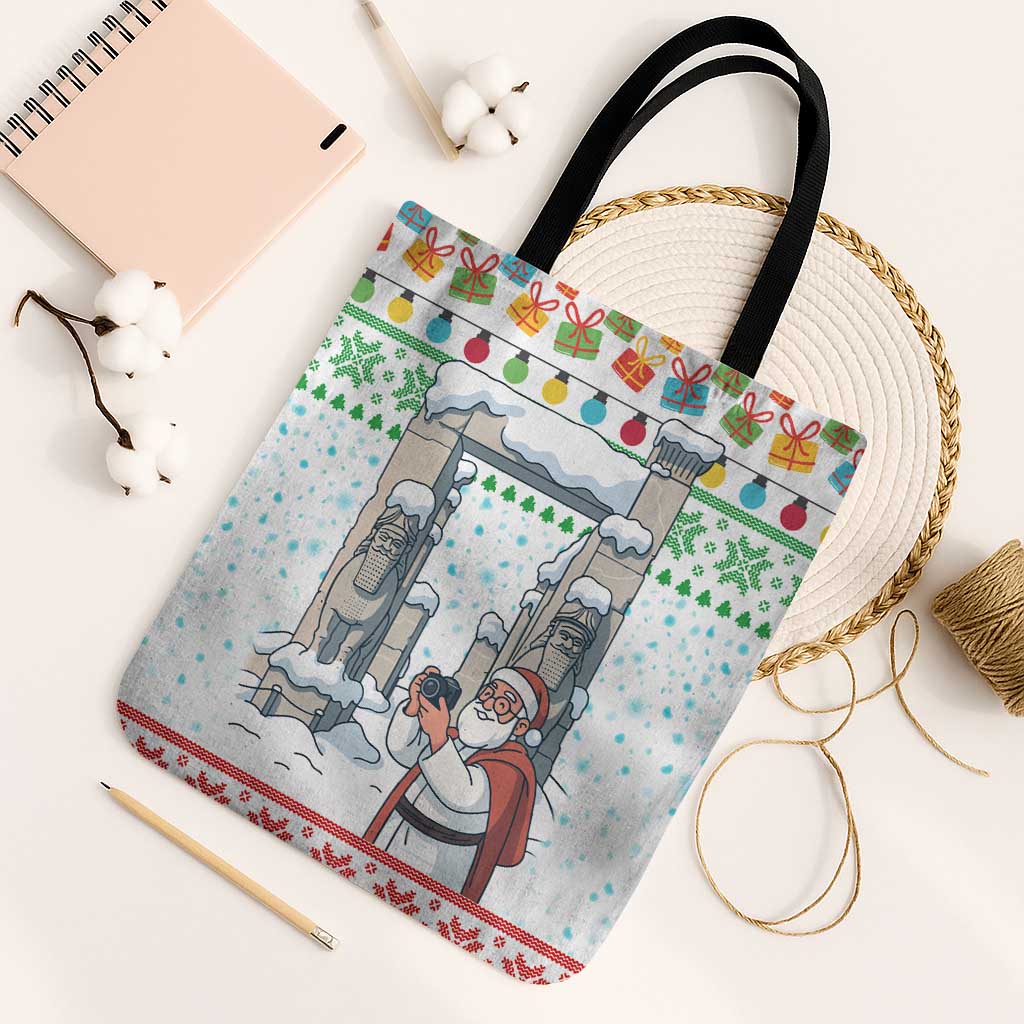Iran Christmas Tote Bag with Santa Taking Photos Ancient Columns and Snowflake Gift Pattern - Wonder Print Shop