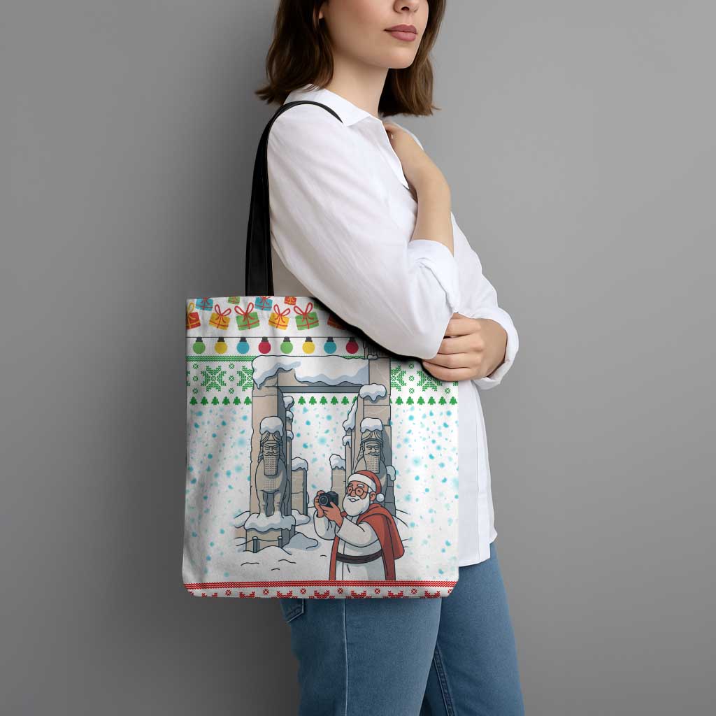 Iran Christmas Tote Bag with Santa Taking Photos Ancient Columns and Snowflake Gift Pattern - Wonder Print Shop