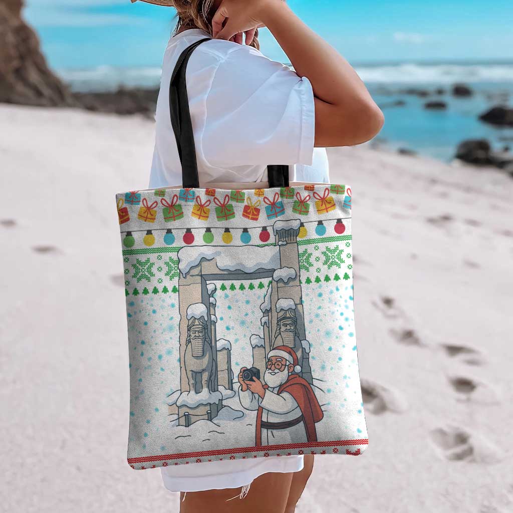 Iran Christmas Tote Bag with Santa Taking Photos Ancient Columns and Snowflake Gift Pattern - Wonder Print Shop