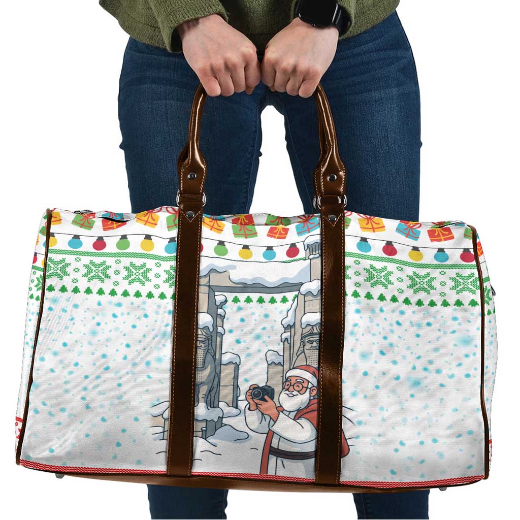 Iran Christmas Travel Bag with Santa Taking Photos Ancient Columns and Snowflake Gift Pattern - Wonder Print Shop