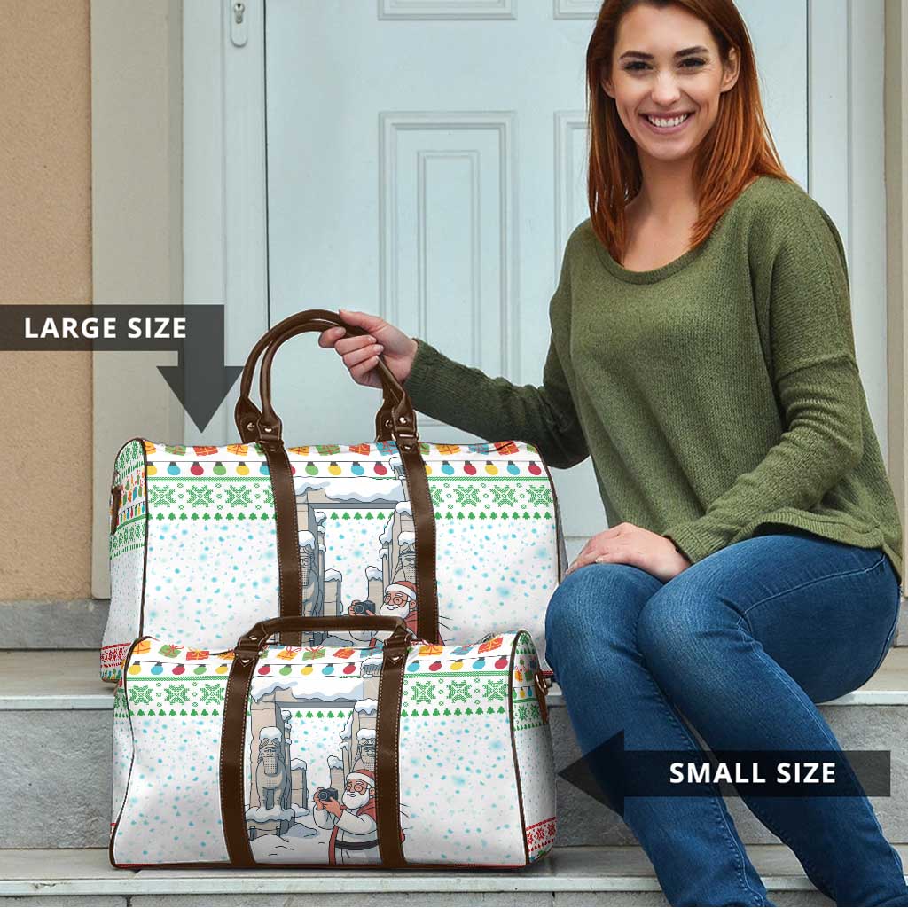 Iran Christmas Travel Bag with Santa Taking Photos Ancient Columns and Snowflake Gift Pattern - Wonder Print Shop