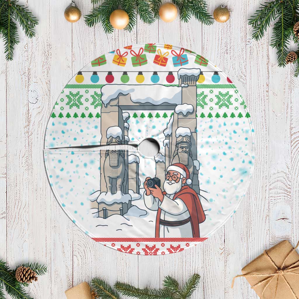 Iran Christmas Tree Skirt with Santa Taking Photos Ancient Columns and Snowflake Gift Pattern - Wonder Print Shop