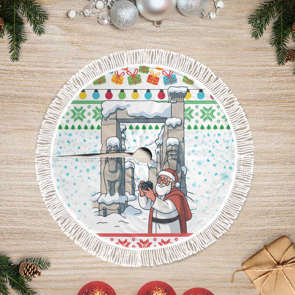 Iran Christmas Tree Skirt with Santa Taking Photos Ancient Columns and Snowflake Gift Pattern - Wonder Print Shop