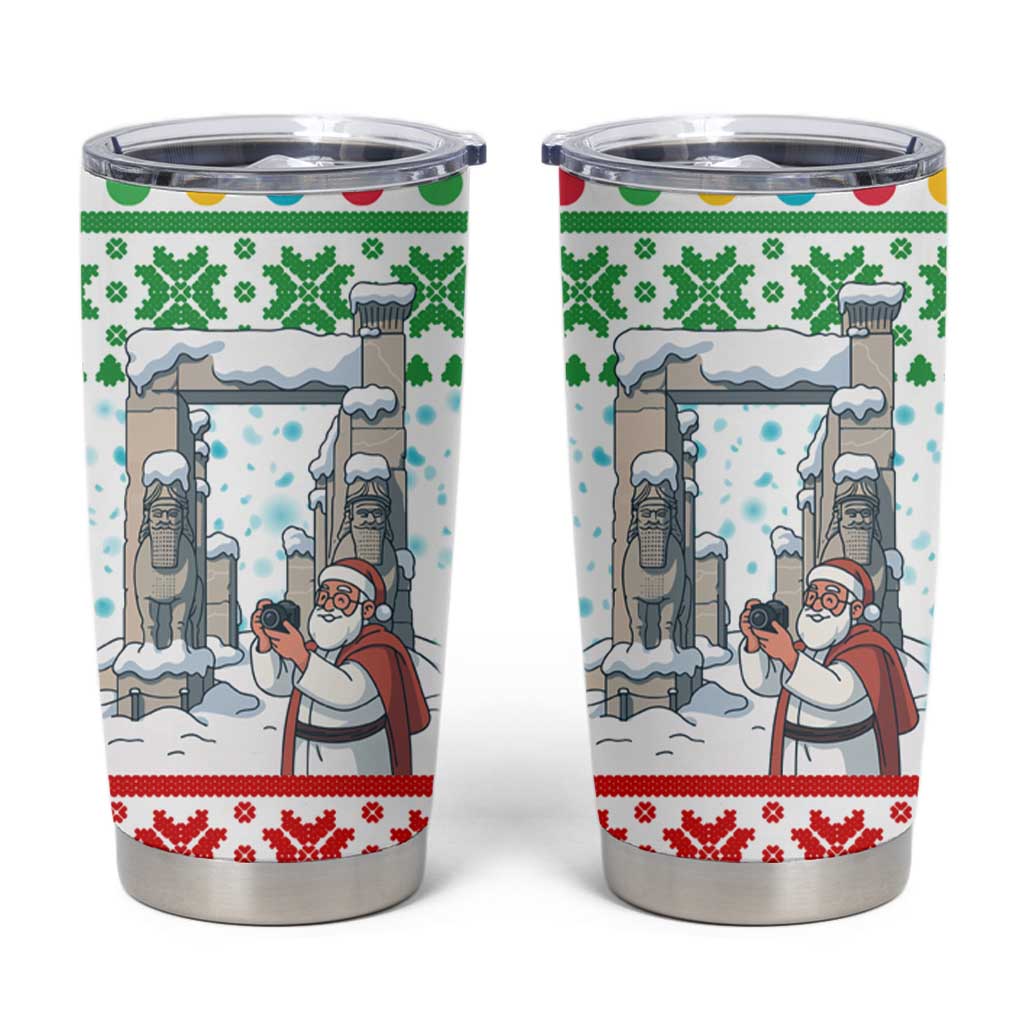 Iran Christmas Tumbler Cup with Santa Taking Photos Ancient Columns and Snowflake Gift Pattern - Wonder Print Shop