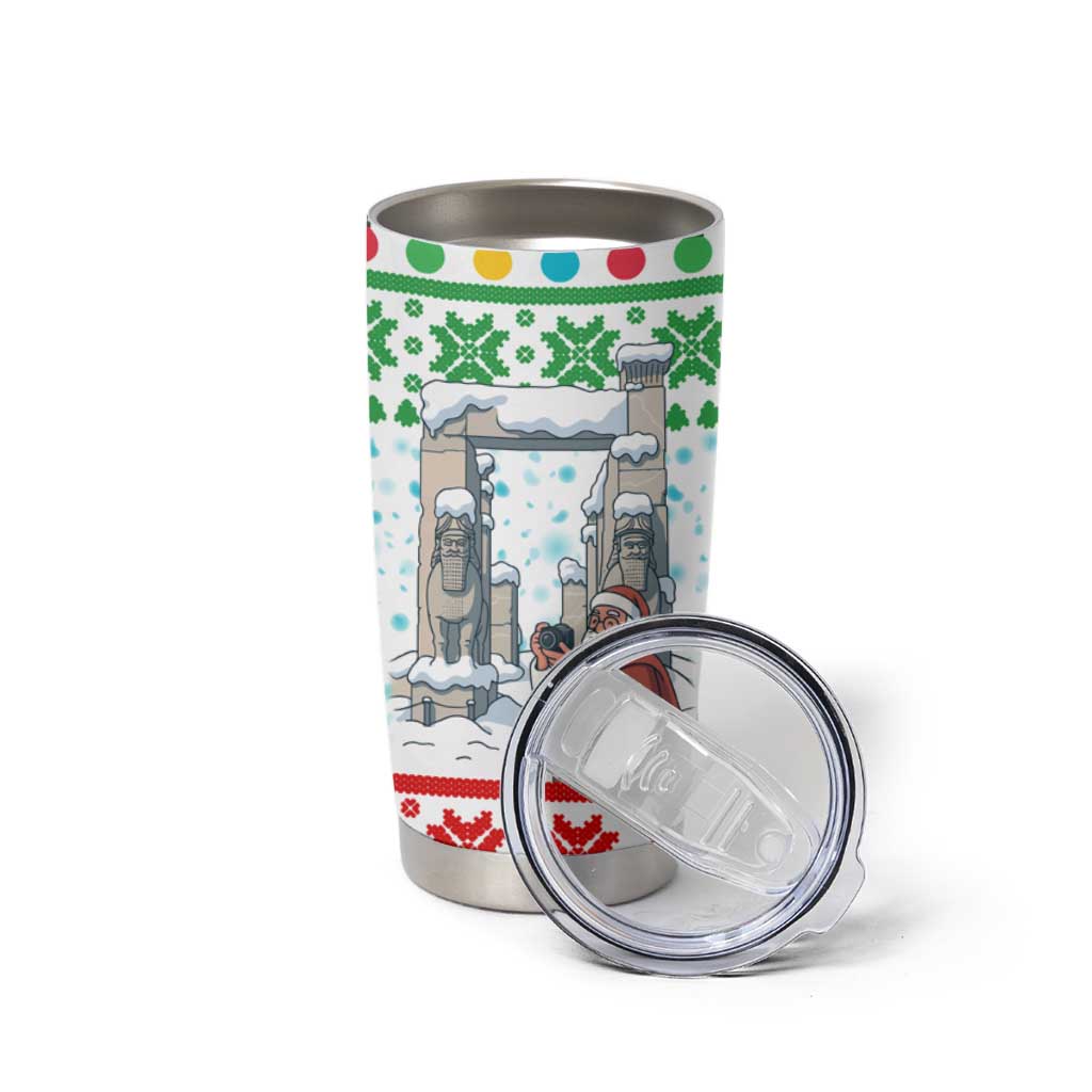 Iran Christmas Tumbler Cup with Santa Taking Photos Ancient Columns and Snowflake Gift Pattern - Wonder Print Shop