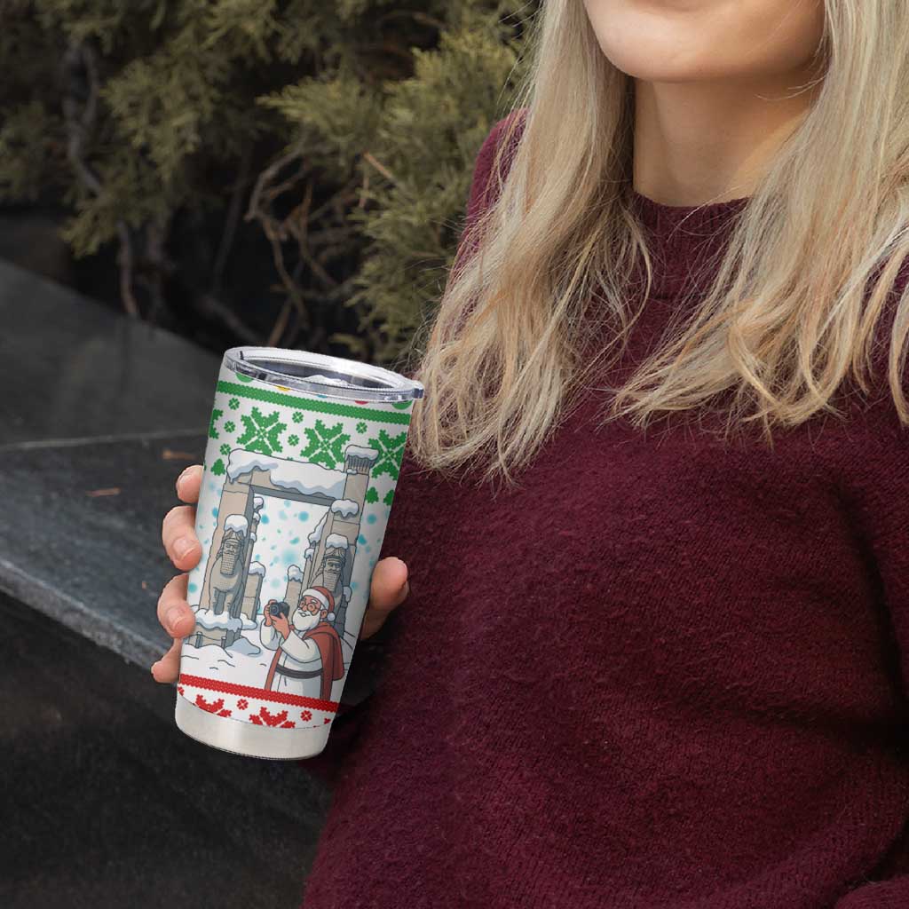 Iran Christmas Tumbler Cup with Santa Taking Photos Ancient Columns and Snowflake Gift Pattern - Wonder Print Shop