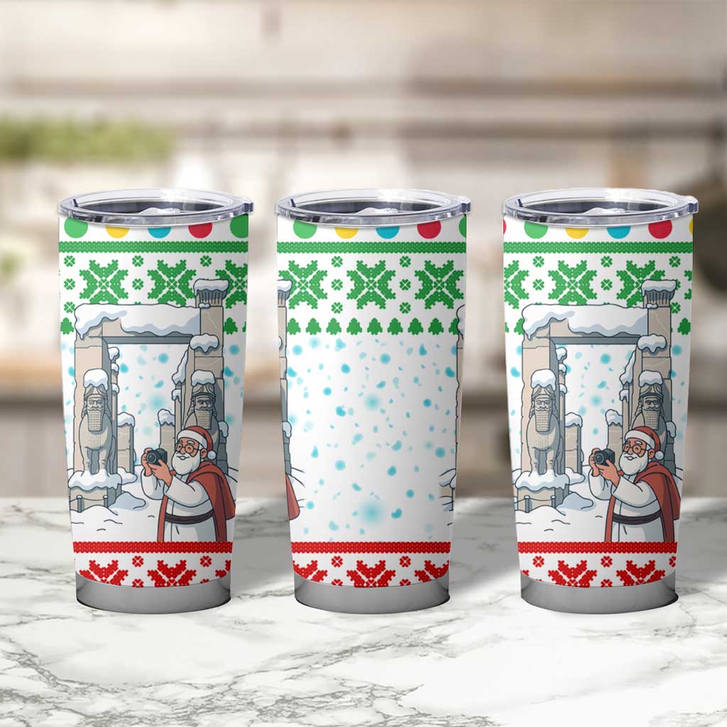 Iran Christmas Tumbler Cup with Santa Taking Photos Ancient Columns and Snowflake Gift Pattern - Wonder Print Shop