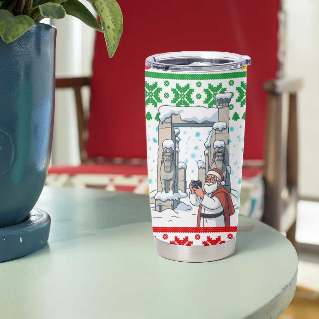 Iran Christmas Tumbler Cup with Santa Taking Photos Ancient Columns and Snowflake Gift Pattern - Wonder Print Shop