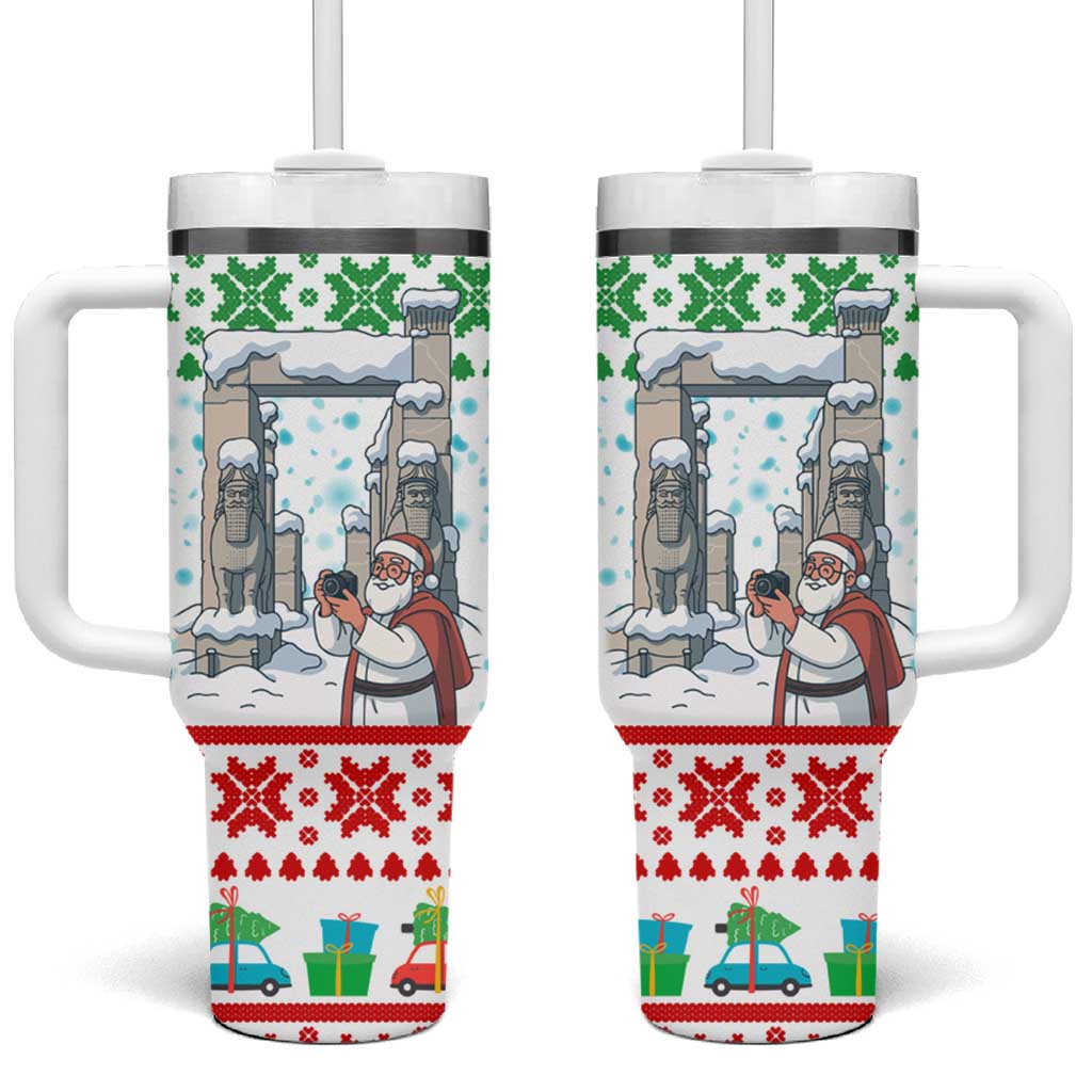 Iran Christmas Tumbler With Handle with Santa Taking Photos Ancient Columns and Snowflake Gift Pattern - Wonder Print Shop