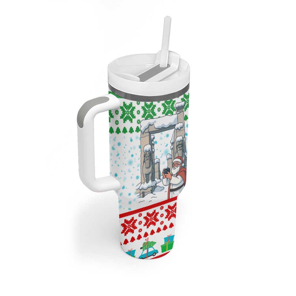 Iran Christmas Tumbler With Handle with Santa Taking Photos Ancient Columns and Snowflake Gift Pattern - Wonder Print Shop