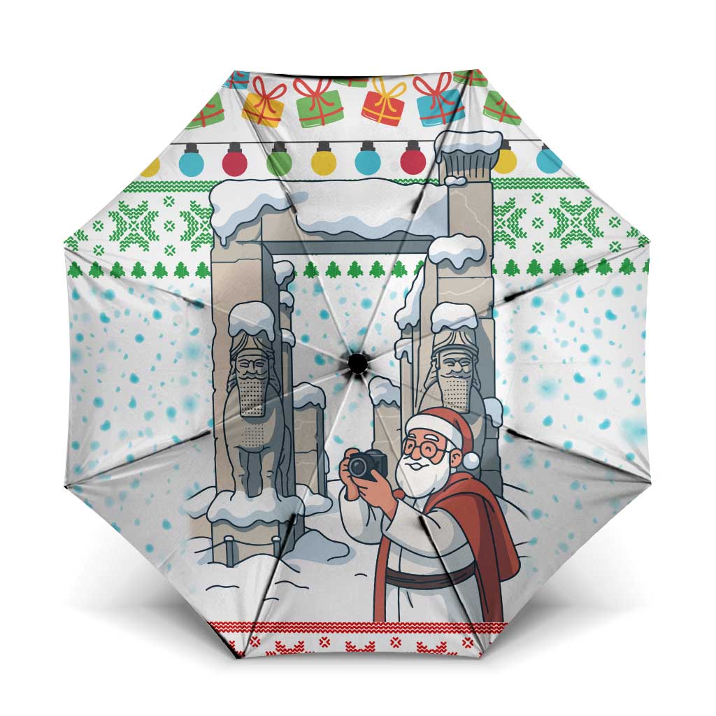 Iran Christmas Umbrella with Santa Taking Photos Ancient Columns and Snowflake Gift Pattern - Wonder Print Shop