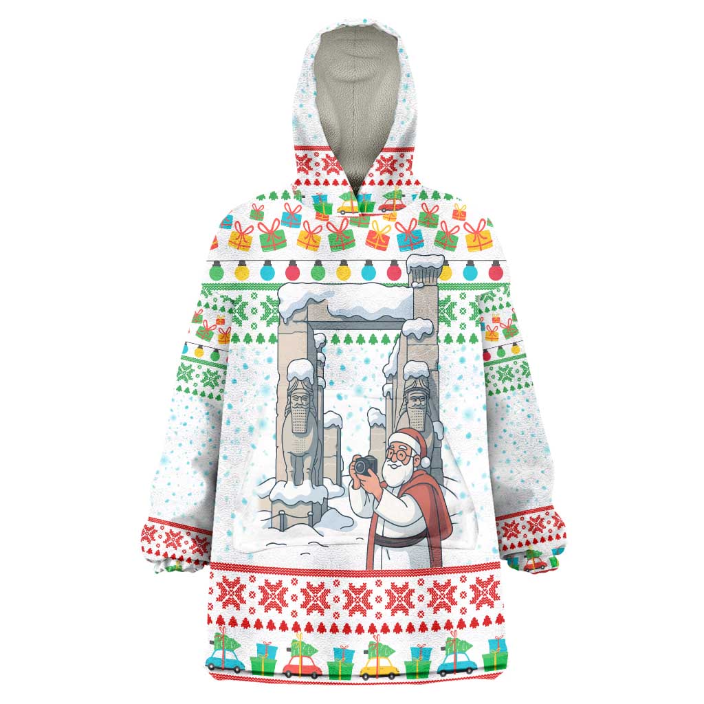 Iran Christmas Wearable Blanket Hoodie with Santa Taking Photos Ancient Columns and Snowflake Gift Pattern - Wonder Print Shop