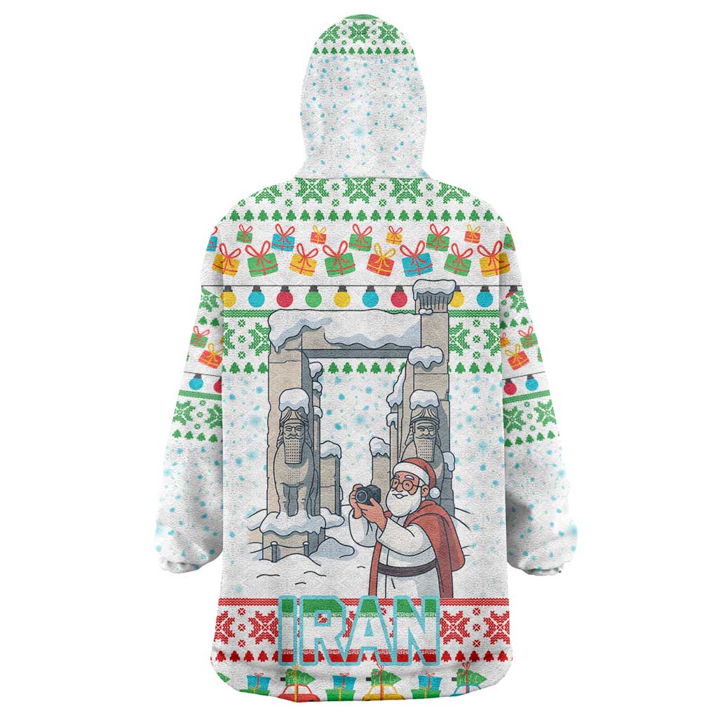 Iran Christmas Wearable Blanket Hoodie with Santa Taking Photos Ancient Columns and Snowflake Gift Pattern - Wonder Print Shop
