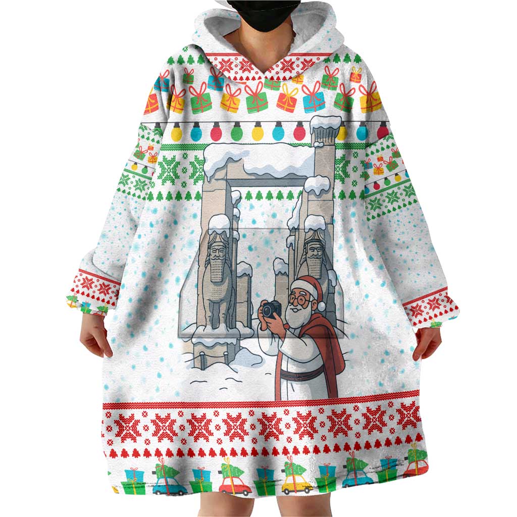 Iran Christmas Wearable Blanket Hoodie with Santa Taking Photos Ancient Columns and Snowflake Gift Pattern - Wonder Print Shop