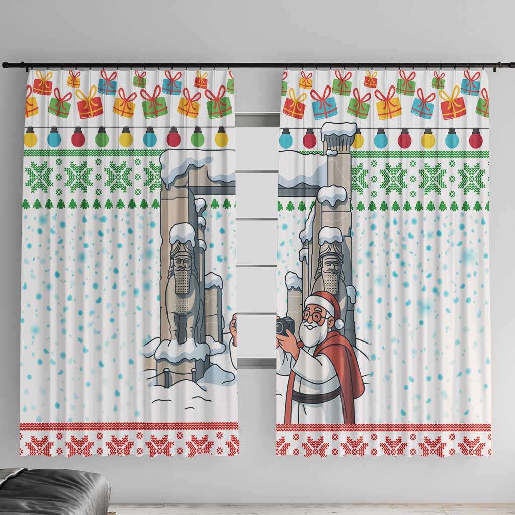 Iran Christmas Window Curtain with Santa Taking Photos Ancient Columns and Snowflake Gift Pattern - Wonder Print Shop