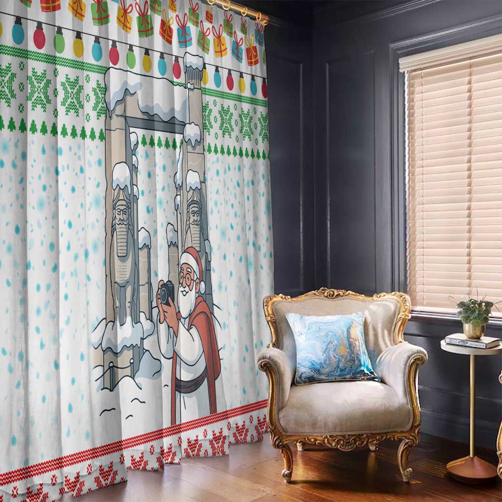 Iran Christmas Window Curtain with Santa Taking Photos Ancient Columns and Snowflake Gift Pattern - Wonder Print Shop
