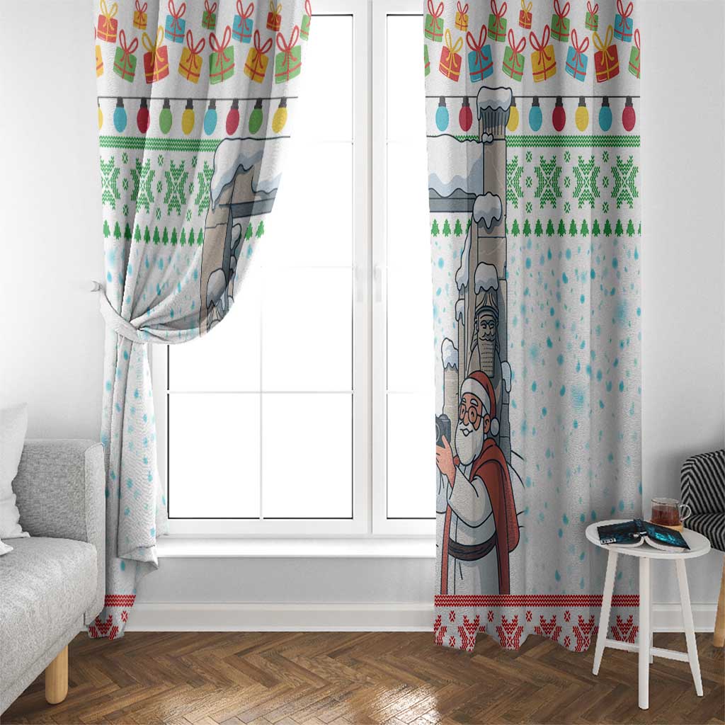 Iran Christmas Window Curtain with Santa Taking Photos Ancient Columns and Snowflake Gift Pattern - Wonder Print Shop