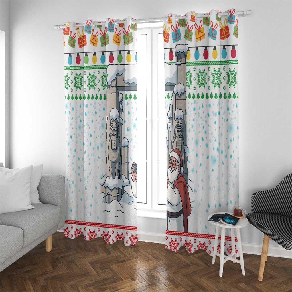 Iran Christmas Window Curtain with Santa Taking Photos Ancient Columns and Snowflake Gift Pattern - Wonder Print Shop