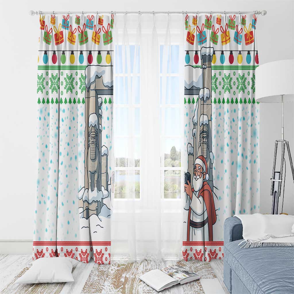Iran Christmas Window Curtain with Santa Taking Photos Ancient Columns and Snowflake Gift Pattern - Wonder Print Shop