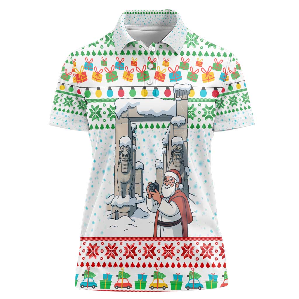 Iran Christmas Women Polo Shirt with Santa Taking Photos Ancient Columns and Snowflake Gift Pattern - Wonder Print Shop
