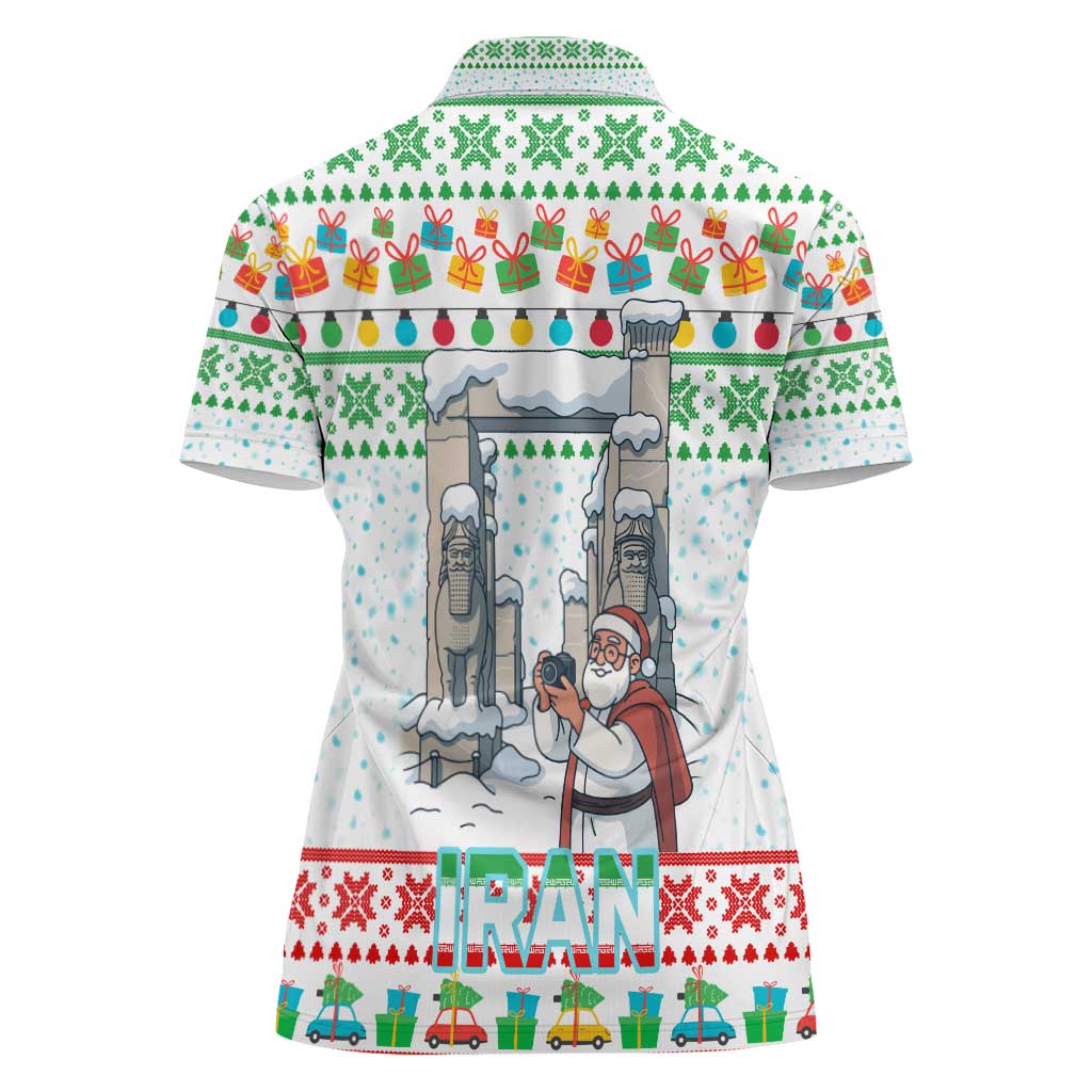 Iran Christmas Women Polo Shirt with Santa Taking Photos Ancient Columns and Snowflake Gift Pattern - Wonder Print Shop