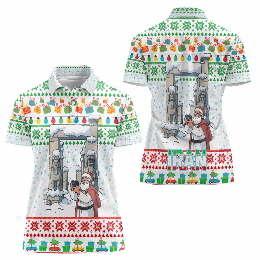 Iran Christmas Women Polo Shirt with Santa Taking Photos Ancient Columns and Snowflake Gift Pattern - Wonder Print Shop