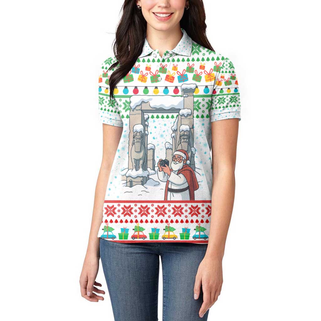 Iran Christmas Women Polo Shirt with Santa Taking Photos Ancient Columns and Snowflake Gift Pattern - Wonder Print Shop