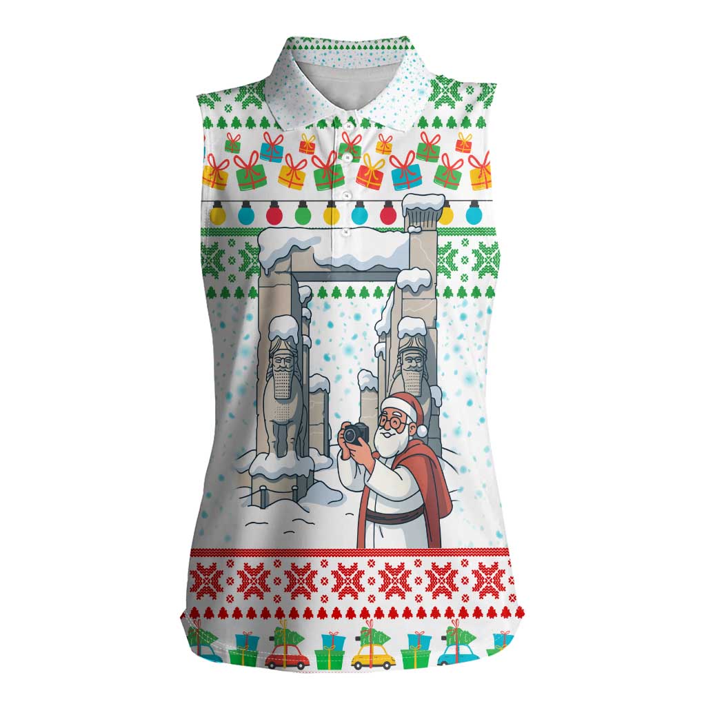 Iran Christmas Women Sleeveless Polo Shirt with Santa Taking Photos Ancient Columns and Snowflake Gift Pattern - Wonder Print Shop
