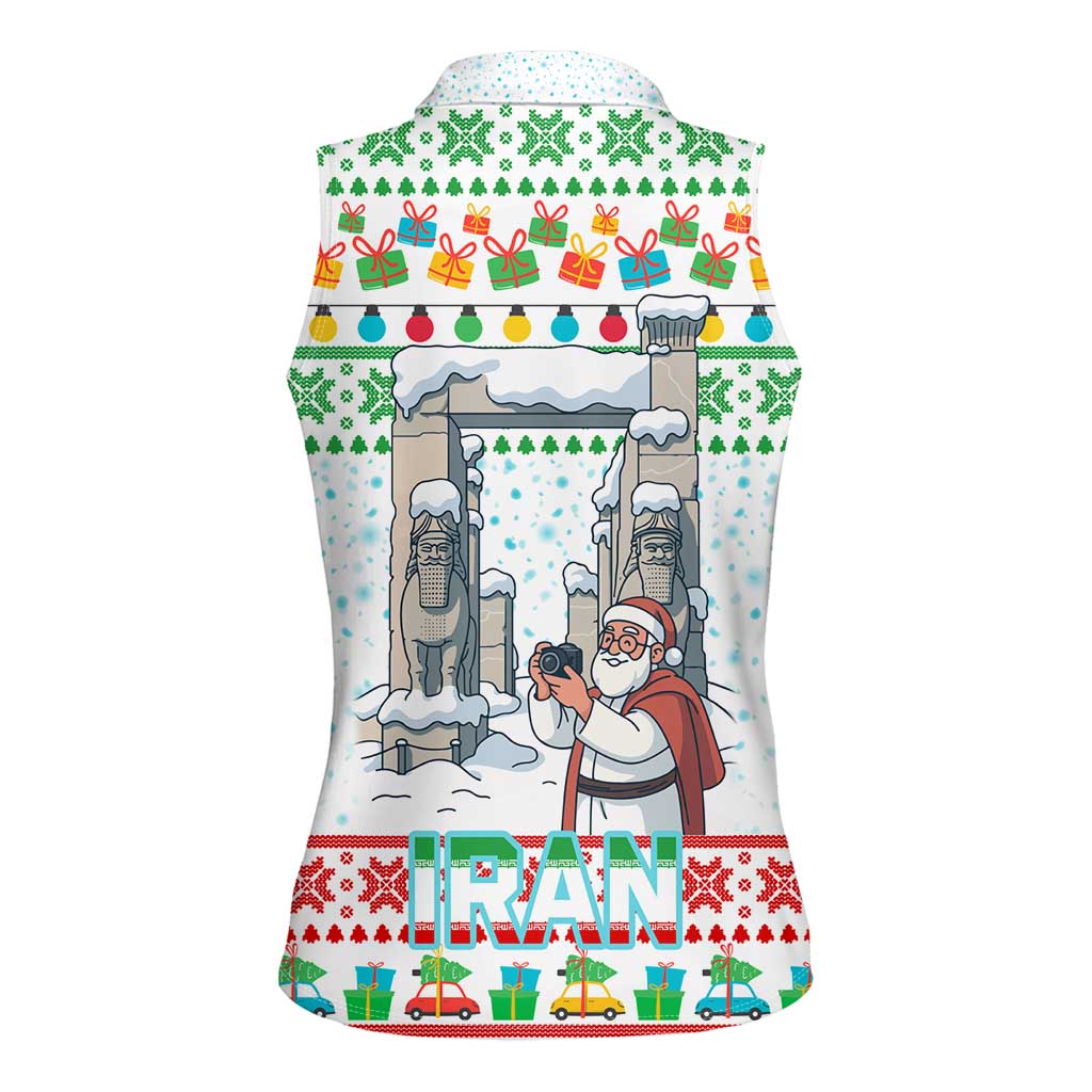 Iran Christmas Women Sleeveless Polo Shirt with Santa Taking Photos Ancient Columns and Snowflake Gift Pattern - Wonder Print Shop