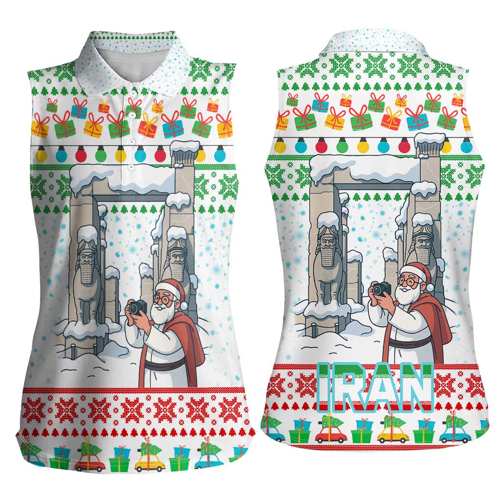 Iran Christmas Women Sleeveless Polo Shirt with Santa Taking Photos Ancient Columns and Snowflake Gift Pattern - Wonder Print Shop