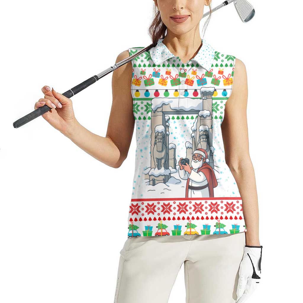 Iran Christmas Women Sleeveless Polo Shirt with Santa Taking Photos Ancient Columns and Snowflake Gift Pattern - Wonder Print Shop