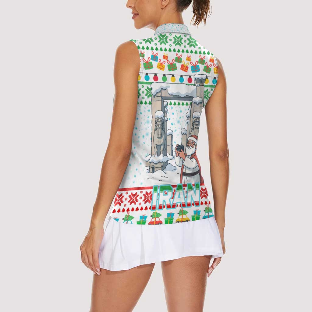 Iran Christmas Women Sleeveless Polo Shirt with Santa Taking Photos Ancient Columns and Snowflake Gift Pattern - Wonder Print Shop