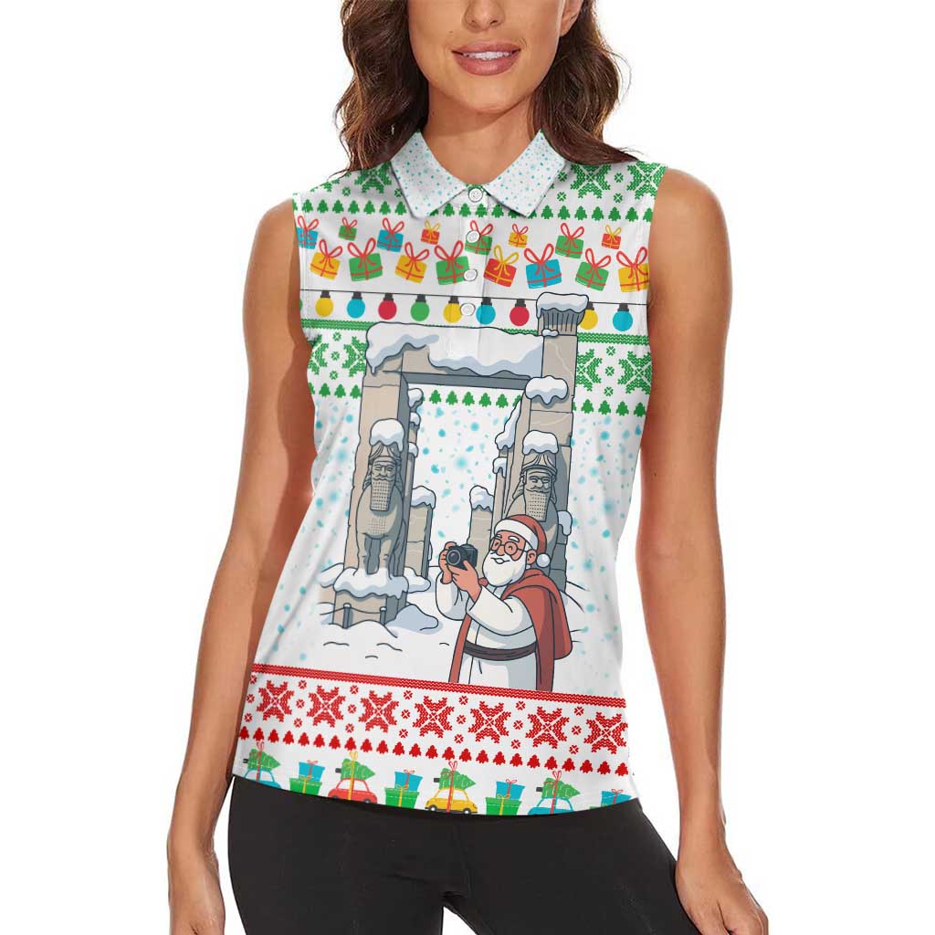 Iran Christmas Women Sleeveless Polo Shirt with Santa Taking Photos Ancient Columns and Snowflake Gift Pattern - Wonder Print Shop