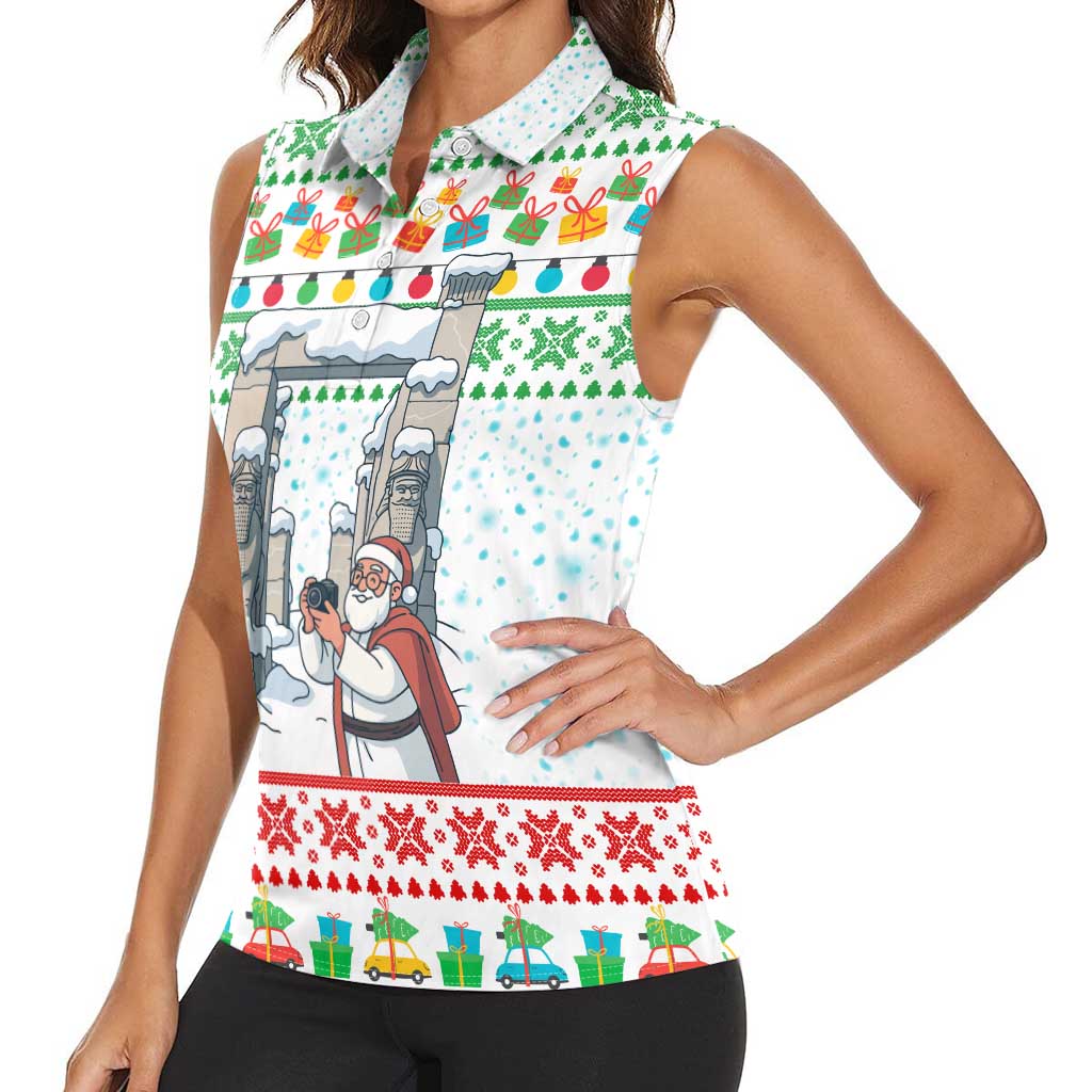 Iran Christmas Women Sleeveless Polo Shirt with Santa Taking Photos Ancient Columns and Snowflake Gift Pattern - Wonder Print Shop