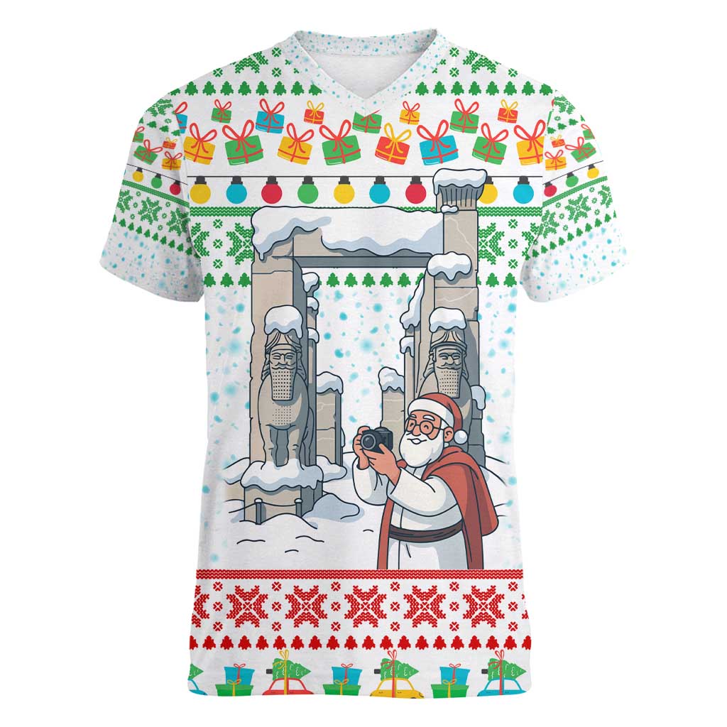 Iran Christmas Women V-Neck T-Shirt with Santa Taking Photos Ancient Columns and Snowflake Gift Pattern - Wonder Print Shop