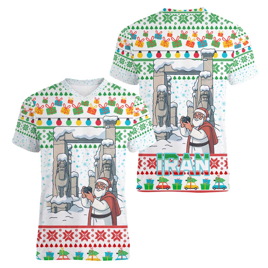 Iran Christmas Women V-Neck T-Shirt with Santa Taking Photos Ancient Columns and Snowflake Gift Pattern - Wonder Print Shop