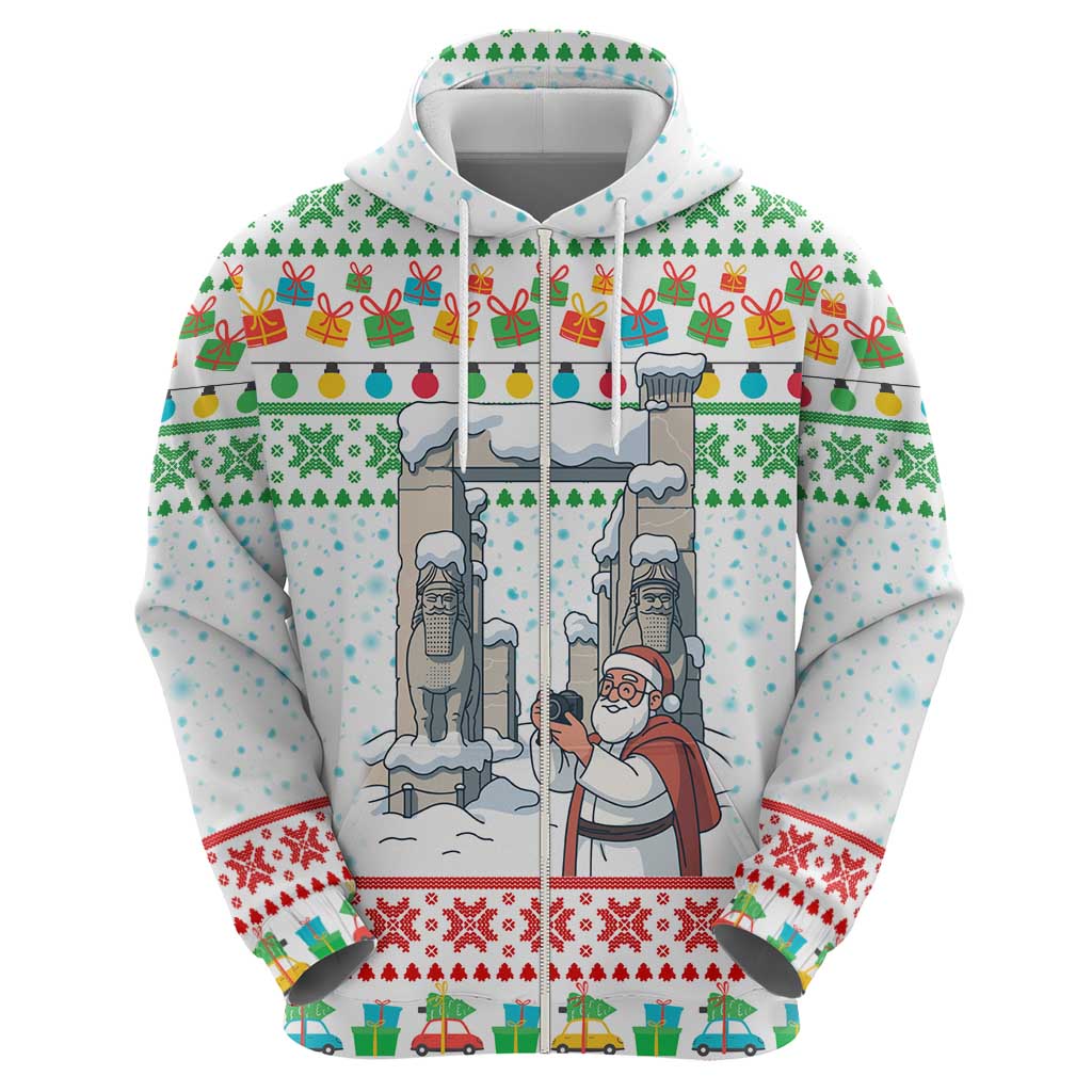 Iran Christmas Zip Hoodie with Santa Taking Photos Ancient Columns and Snowflake Gift Pattern - Wonder Print Shop