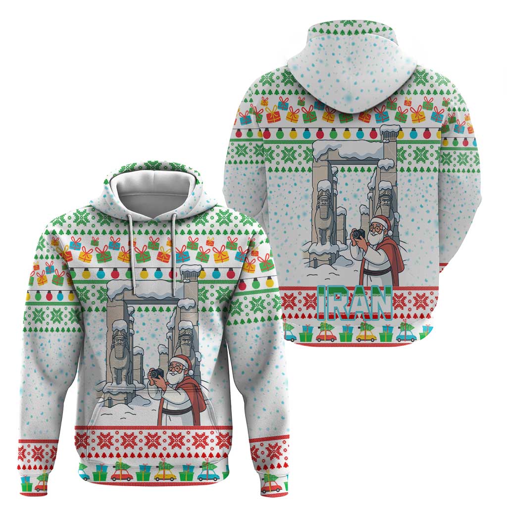 Iran Christmas Zip Hoodie with Santa Taking Photos Ancient Columns and Snowflake Gift Pattern - Wonder Print Shop