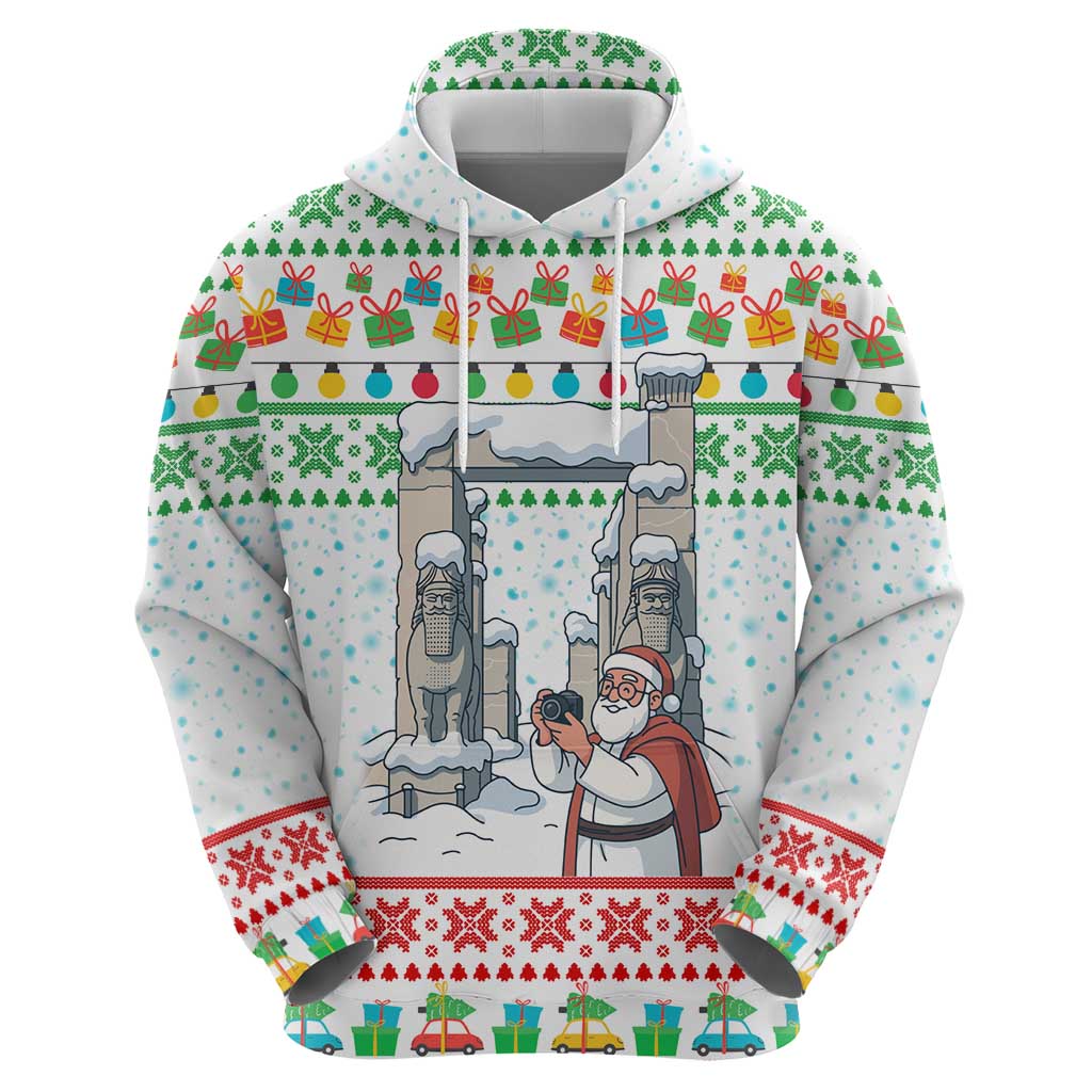 Iran Christmas Zip Hoodie with Santa Taking Photos Ancient Columns and Snowflake Gift Pattern - Wonder Print Shop
