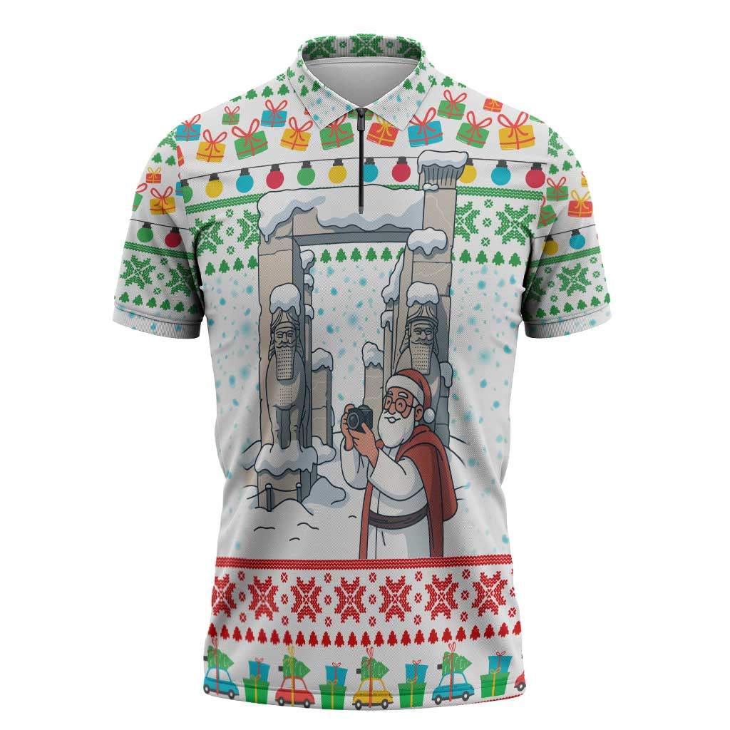 Iran Christmas Zipper Polo Shirt with Santa Taking Photos Ancient Columns and Snowflake Gift Pattern - Wonder Print Shop