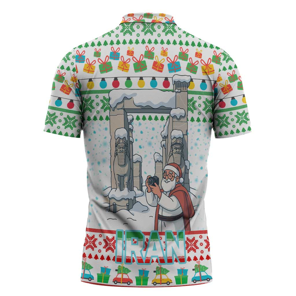 Iran Christmas Zipper Polo Shirt with Santa Taking Photos Ancient Columns and Snowflake Gift Pattern - Wonder Print Shop