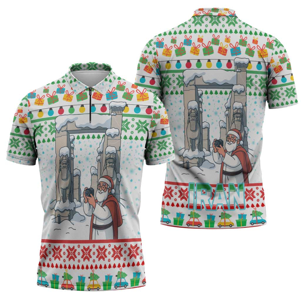 Iran Christmas Zipper Polo Shirt with Santa Taking Photos Ancient Columns and Snowflake Gift Pattern - Wonder Print Shop