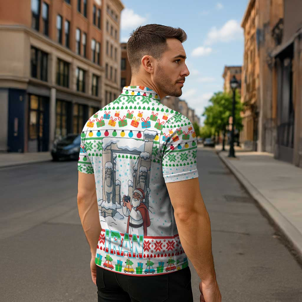 Iran Christmas Zipper Polo Shirt with Santa Taking Photos Ancient Columns and Snowflake Gift Pattern - Wonder Print Shop